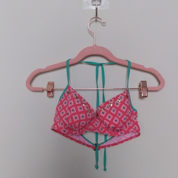Hollister Coral Studded Geometric Print Halter Push Up Bikini Top Size Medium - Picture 1 of 8